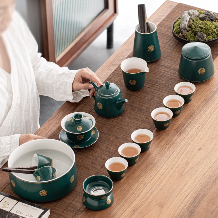 整套功夫茶具套装家用陶瓷复古盖碗泡茶壶茶海喝茶杯茶道礼盒