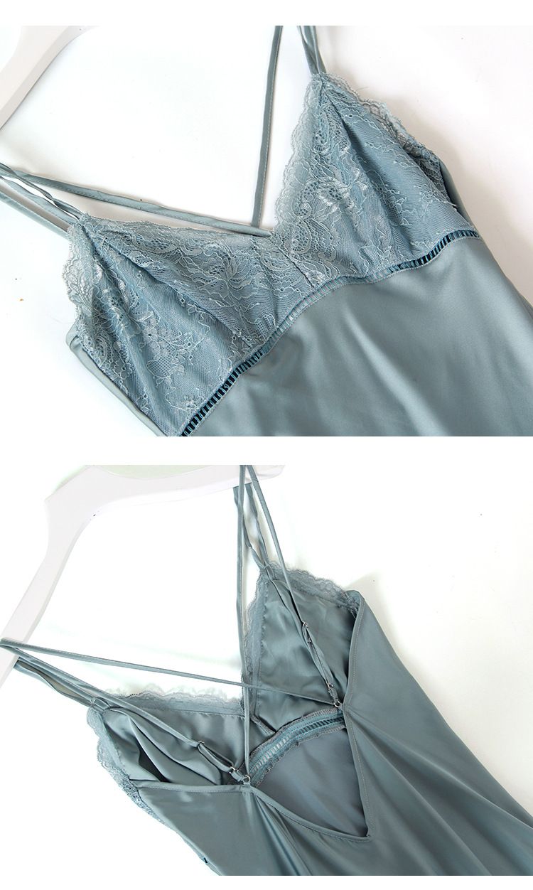 2020 Halter Sexy Nightgown With Breast Pad Summer Thin Pajama Ladies Ice Silk Back Sexy Lace Home Wear undefined
