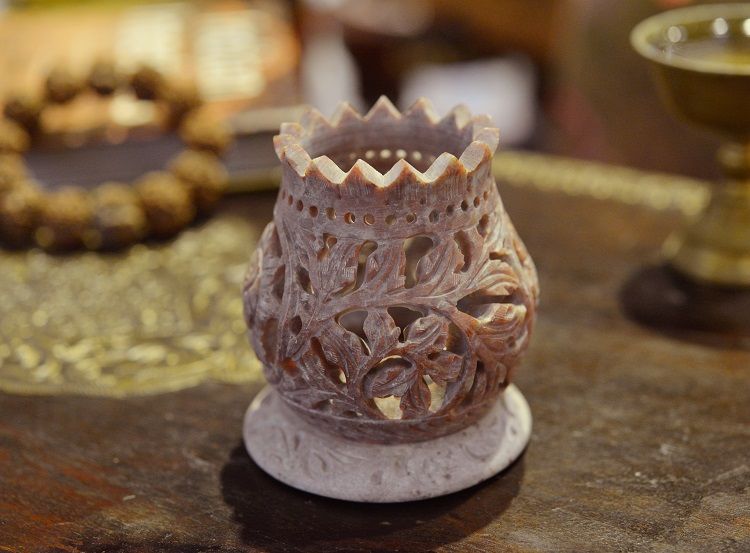 Soapstone sunflower candlestick details Picture