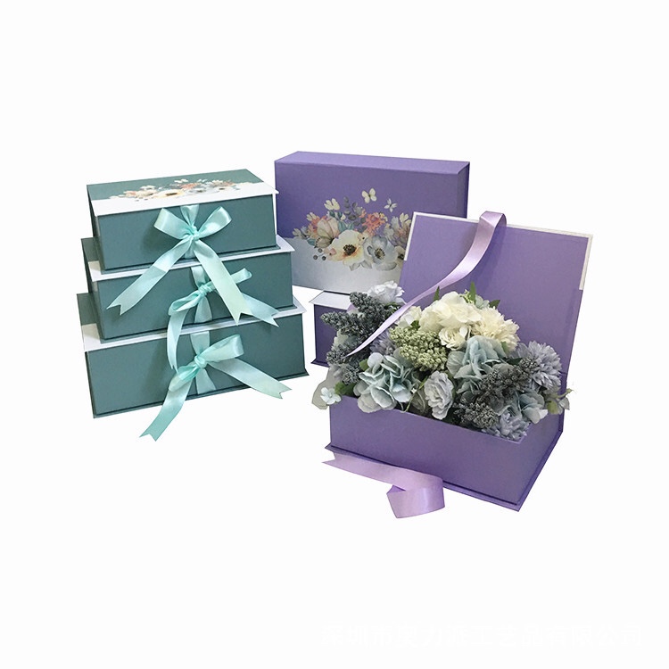翻盖两色丝带鲜花礼品盒套二伴手礼插花盒