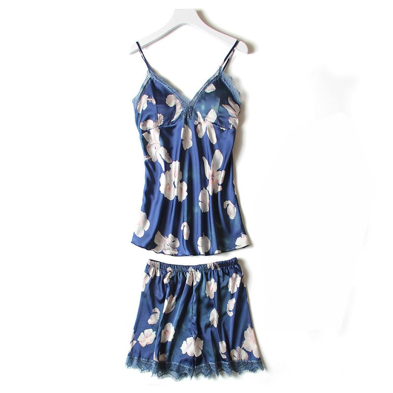 睡衣女夏性感冰丝绸吊带短裤套装韩版印花两件套带胸垫背心家居服