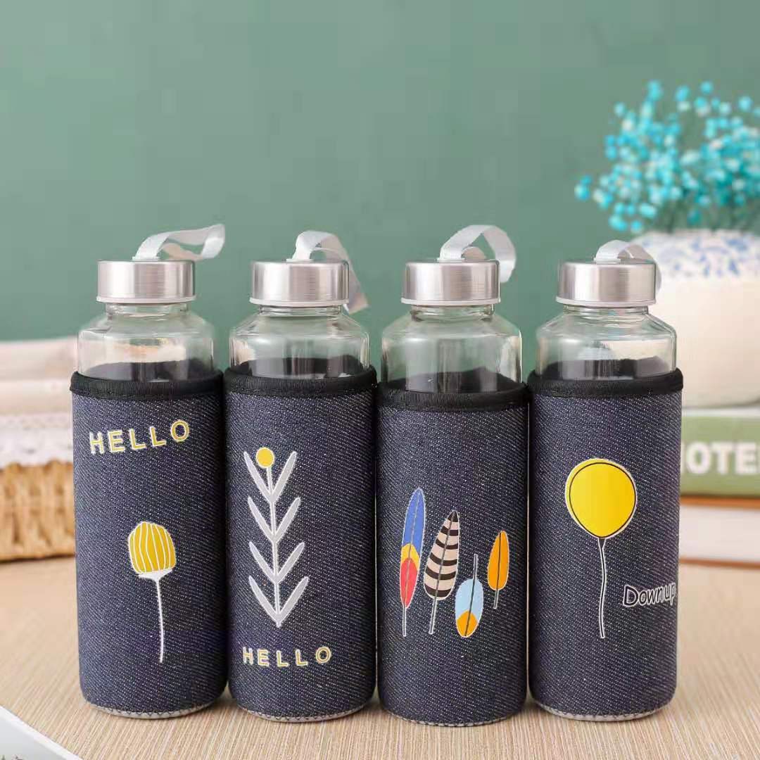 New denim glass cup, portable single-layer water cup, simple transparent covered tea cup, heat-insulating and anti-drop glass cup