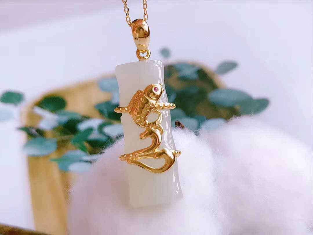 S925纯银复古金打造天然和田玉年年有余 竹节吊坠 三层镀金不掉色详情图2