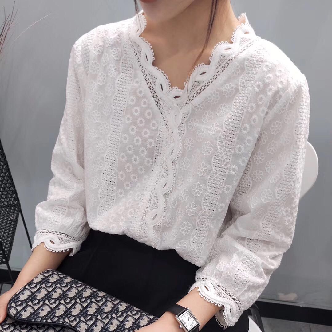 2020 new Korean V-neck fashion casual white shirt shirt blouse lace chiffon ladies fashion thumbnail