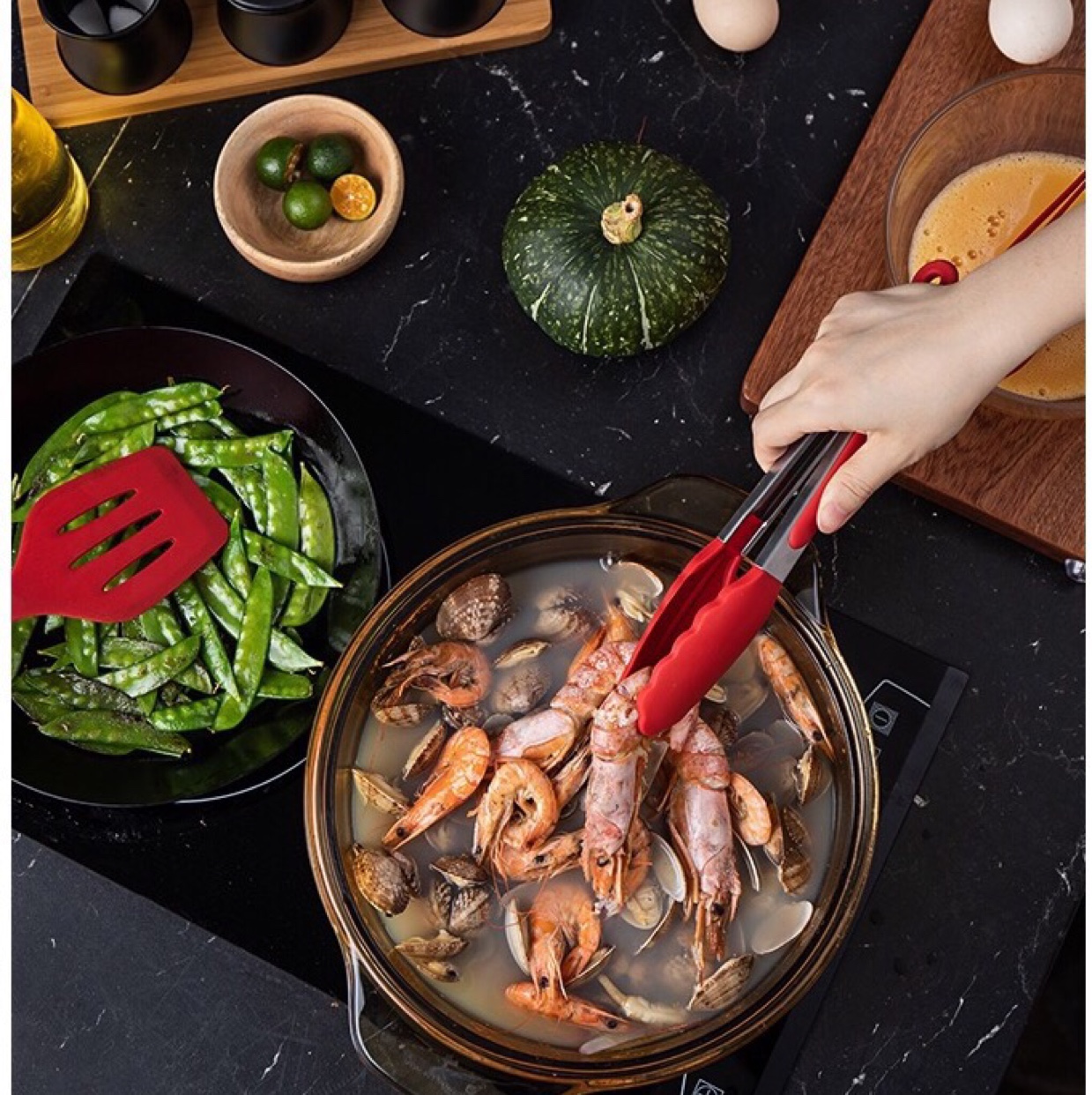 9-inch silicone food tongs with telescopic hanging, food-grade silicone barbecue and baking tools Specification image