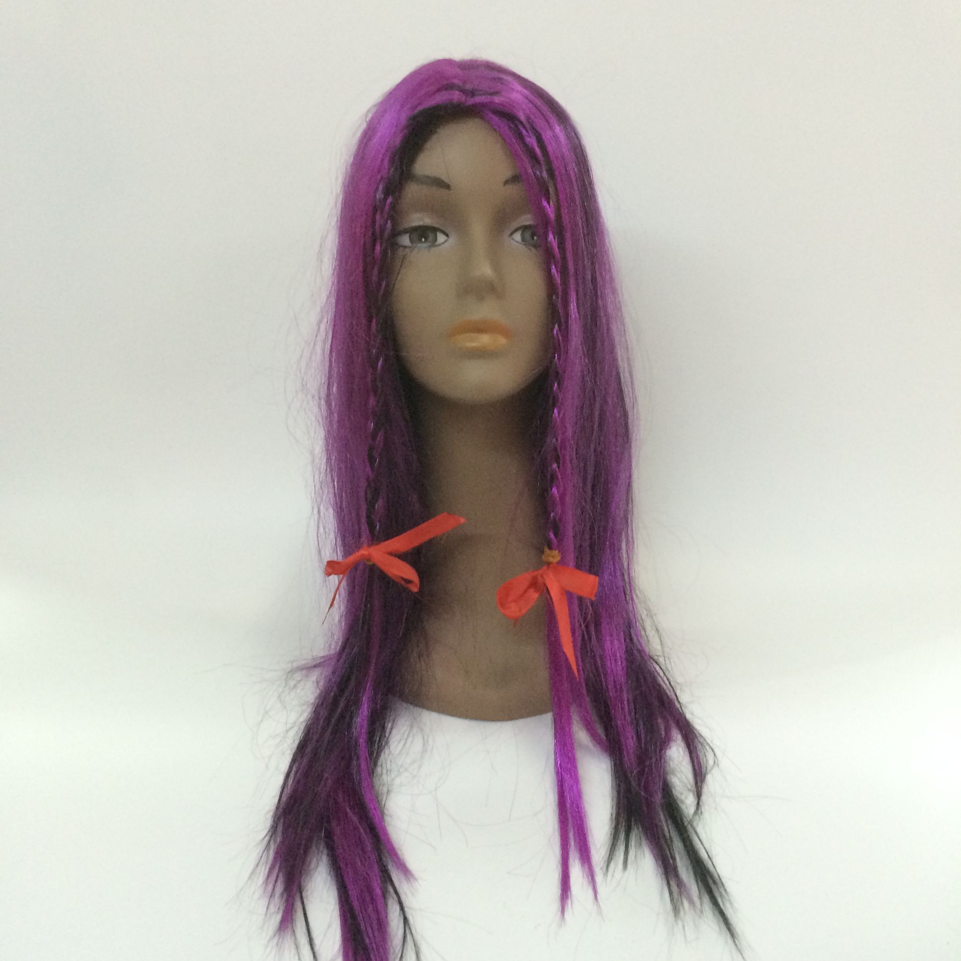 A purple and black two-braided straight hair witch wig