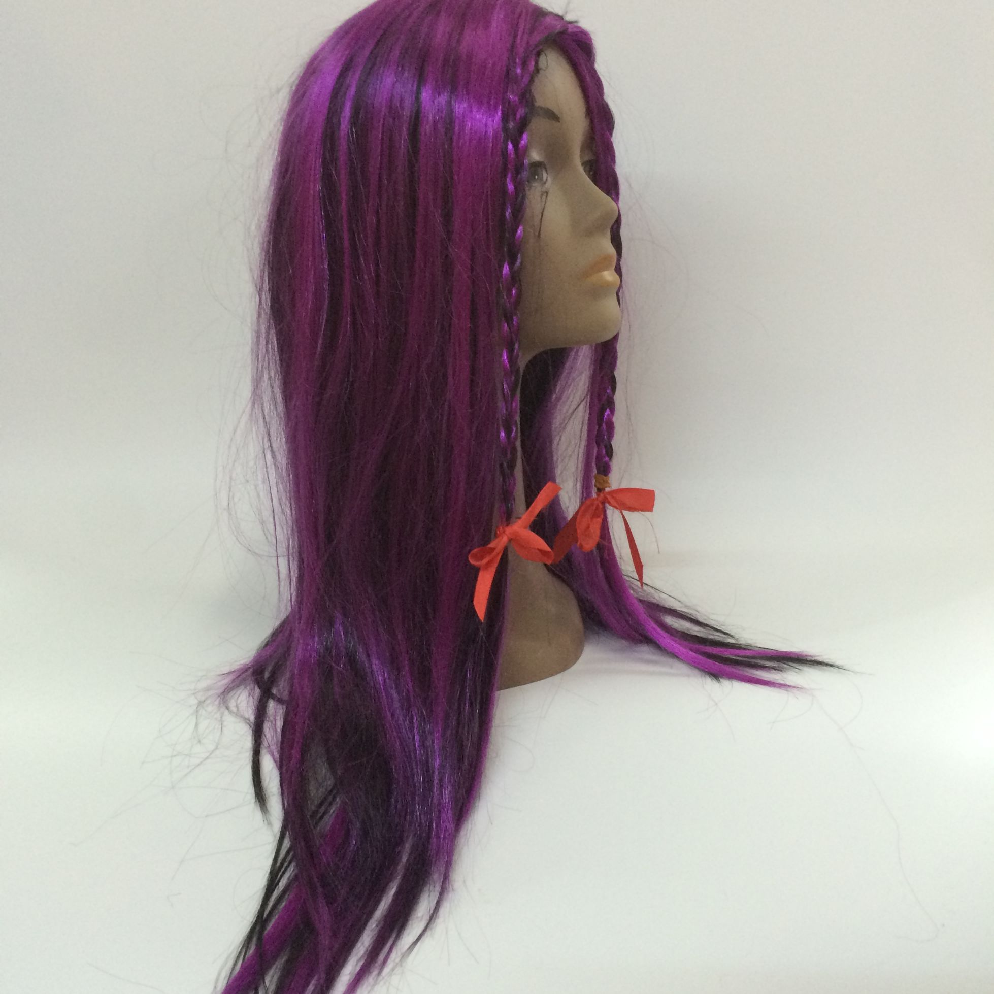A purple and black two-braided straight hair witch wig detail image 1