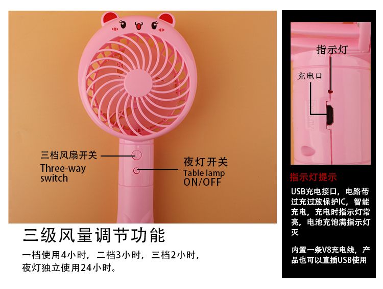卡通手持小风扇便携式折叠随身 USB可充电可爱小型 宿舍桌超静音详情图7