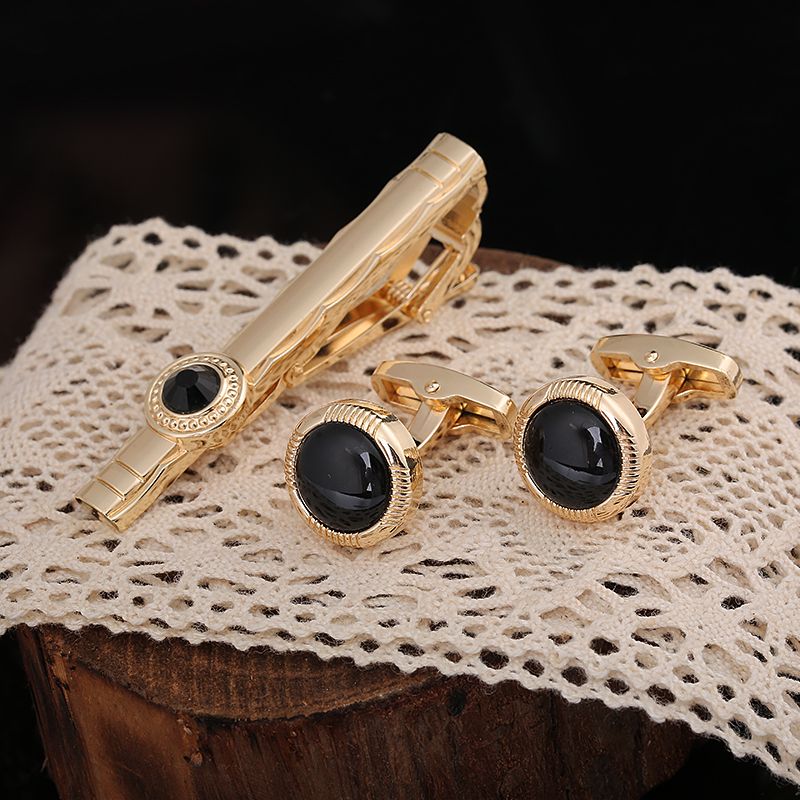Three-piece set of cufflinks and tie clips, zinc alloy cufflinks and tie clips set, three-piece set of gold-plated glass jewelry detail image 1