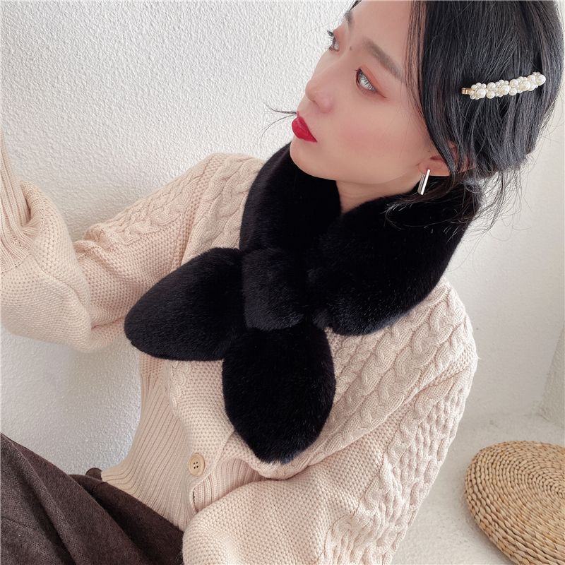 Soft Waxy Korean Chic Chic Style Thickened Solid Color Fur Bib Warm Imitation Rex Rabbit Hair Cross Scarf Wool Collar Female undefined