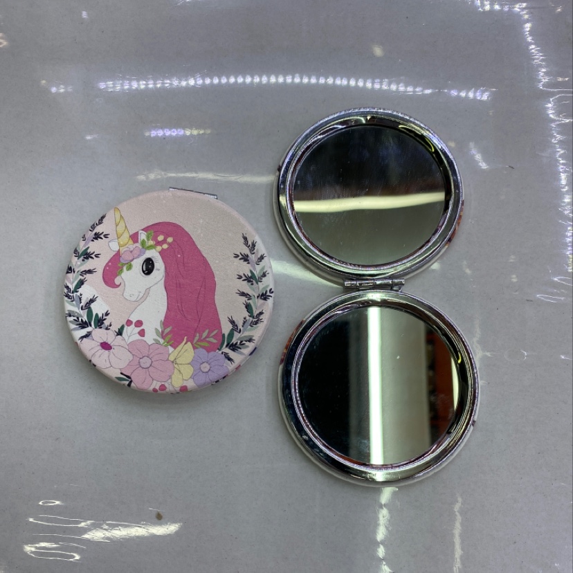 独角兽款PU电镀镜双面小镜子便携式化妆镜厂家直销