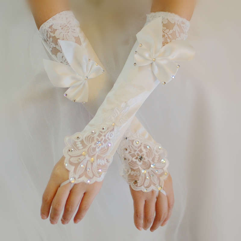 Bridal gloves bridal gloves show new long gloves lace bowknot gloves spring/summer wedding gloves female thumbnail
