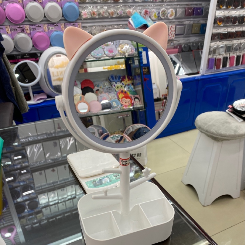 单色调光（猫耳朵）可贮藏物品LED镜小镜子便携式化妆镜厂家直销