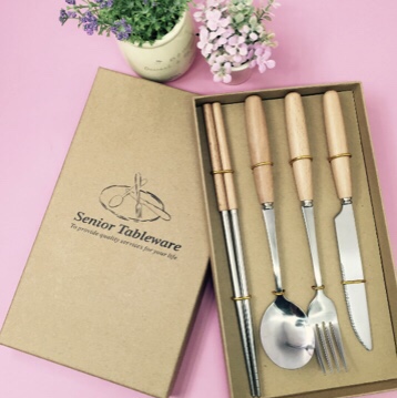 Knife, fork, spoon and chopsticks set with wooden handle thumbnail