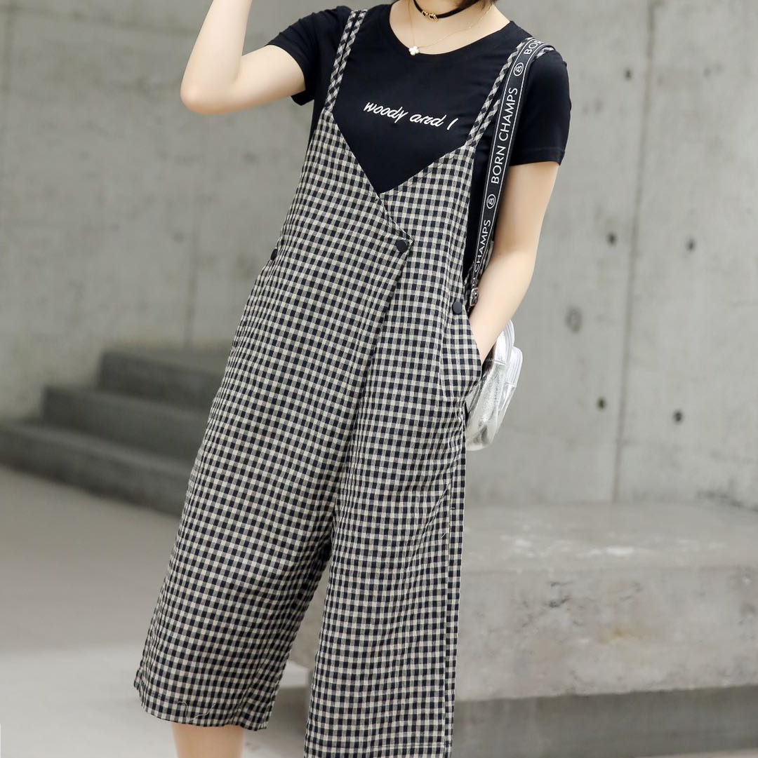 Cotton fashion set women's summer Korean version thin plaid one-piece suspenders straight leg pants popular large size slimming tide full figure