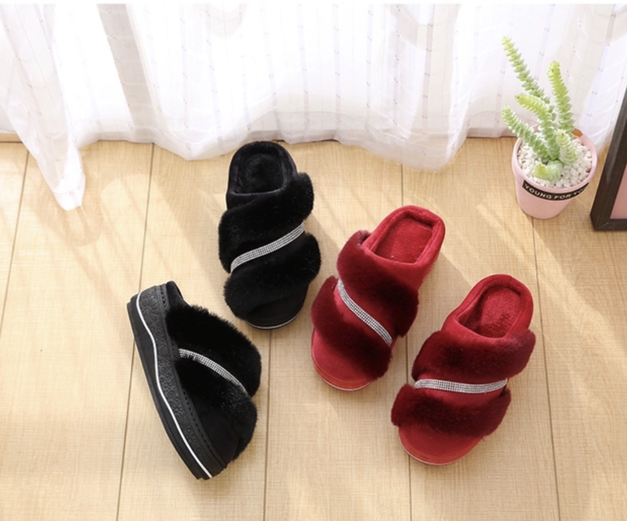 Winter high-heeled cotton slippers for women to wear both indoors and outdoors, Korean-style versatile anti-slip thick-soled water diamond warm woolen slippers undefined
