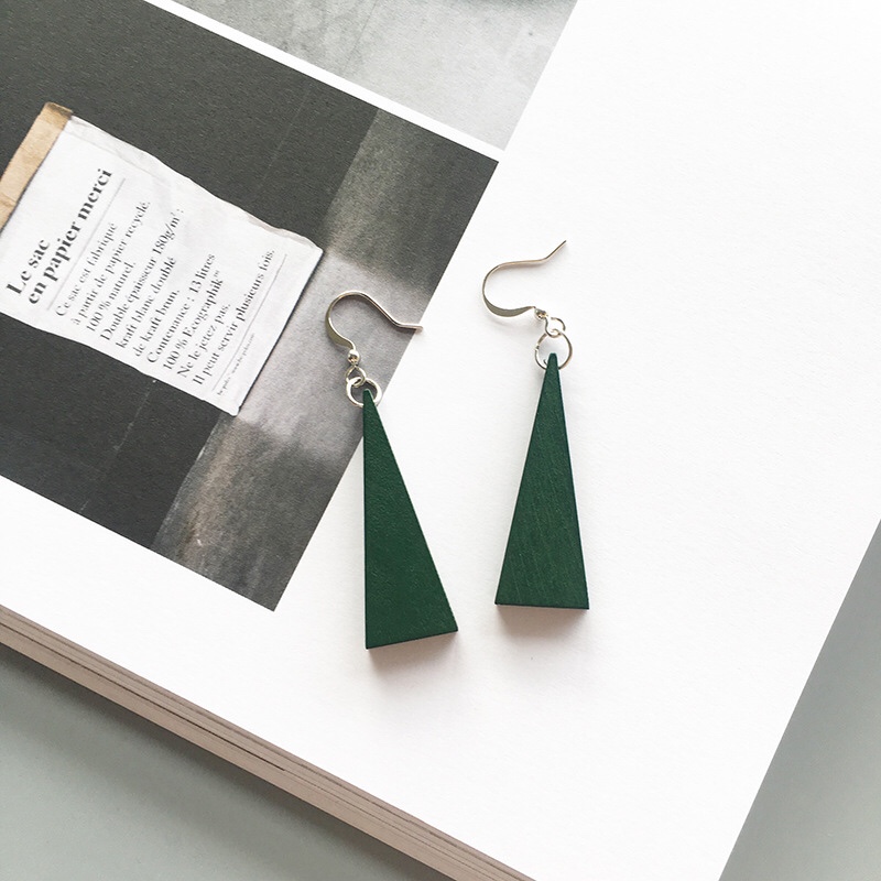 Triangular colored wood fashion earrings thumbnail