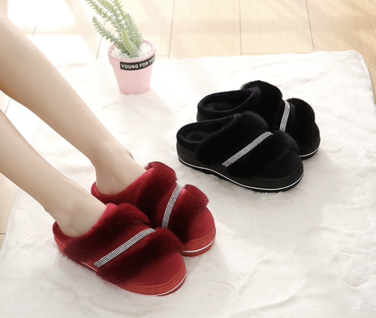 Winter high-heeled cotton slippers for women to wear both indoors and outdoors, Korean-style versatile anti-slip thick-soled water diamond warm woolen slippers Specification image