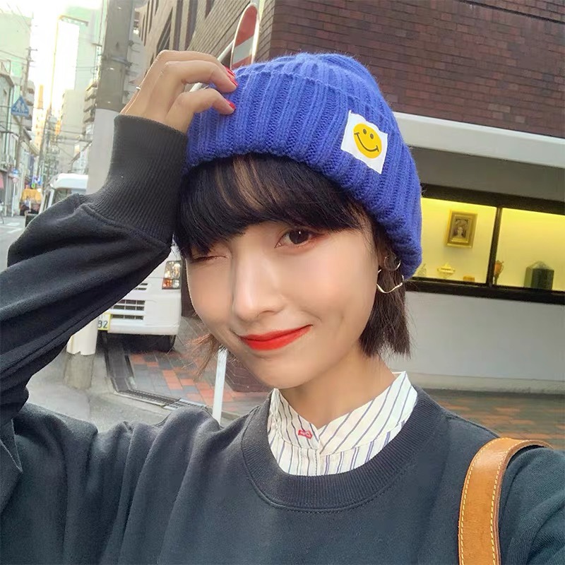 帽子女冬秋冬毛线帽新款ins韩版日系可爱笑脸网红百搭针织帽冬天