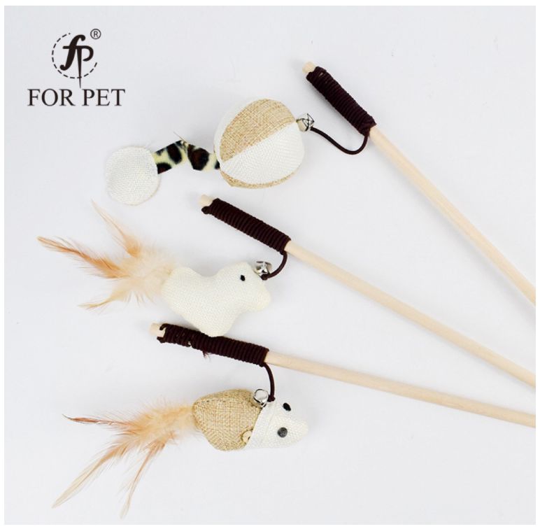 Pet cat products manufacturers direct sales log hand-made mouse and cat teasing rod with bell linen chicken and cat teasing rod full figure