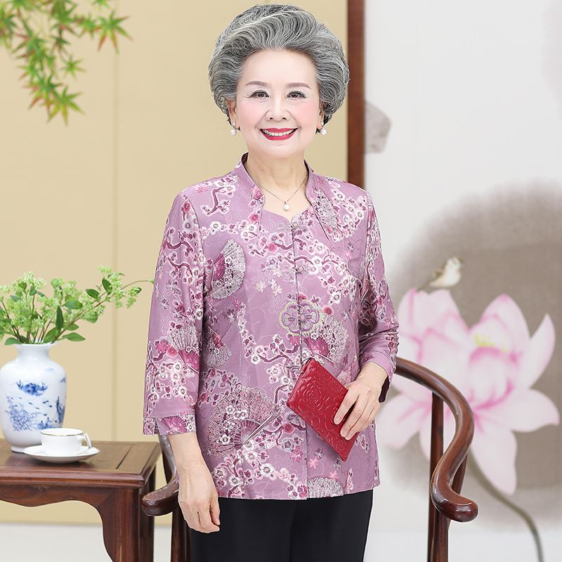 For middle-aged and elderly people, summer clothes: Two-piece set for the mother, breathable shirt for the grandmother, stand-up collar for the elderly, loose clothes for the wife, 60 details Picture