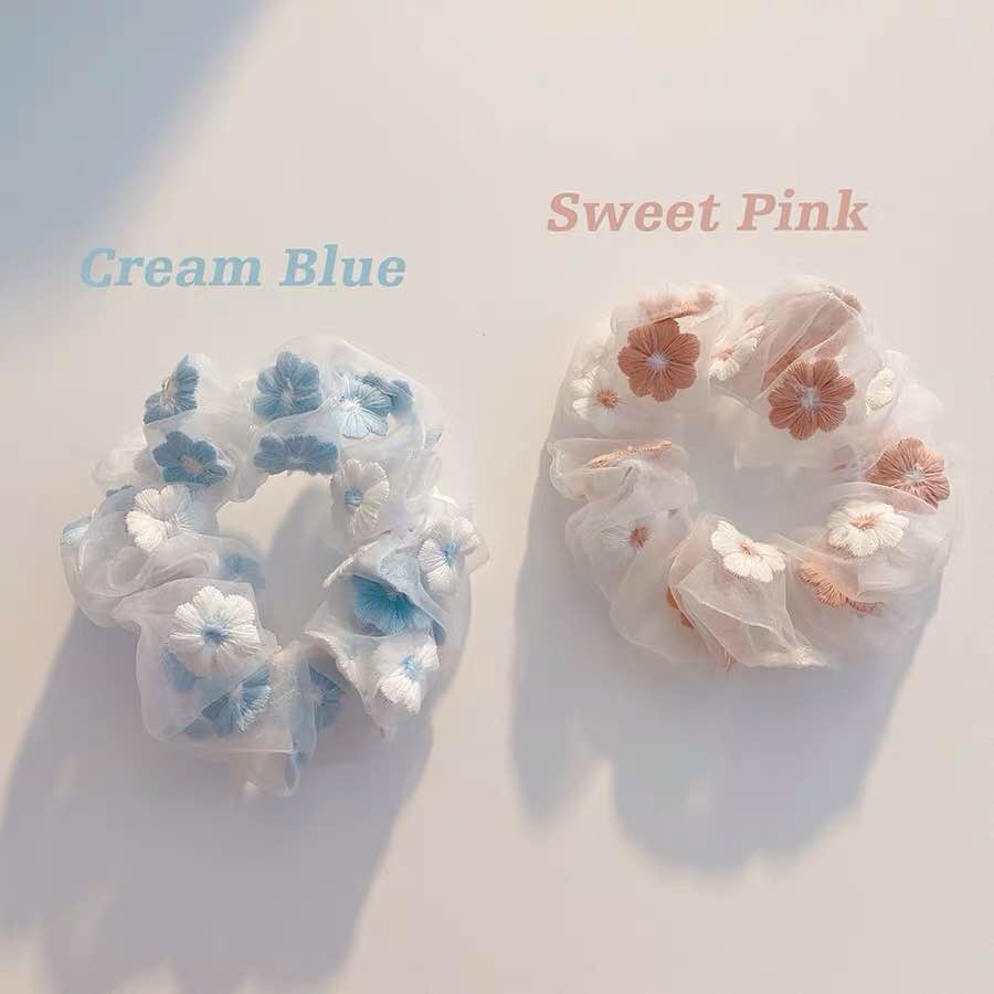 Romantic pink blue ~ sweet embroidery flower hair ring Organza large intestine ring hair rope Ins net yarn head rope girl hair accessories thumbnail