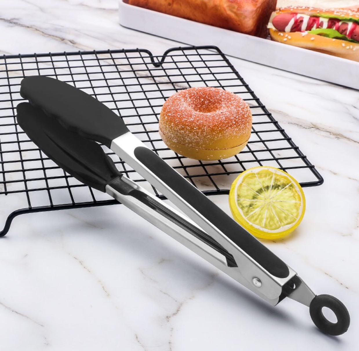 9-inch silicone food tongs with telescopic hanging, food-grade silicone barbecue and baking tools Item Picture