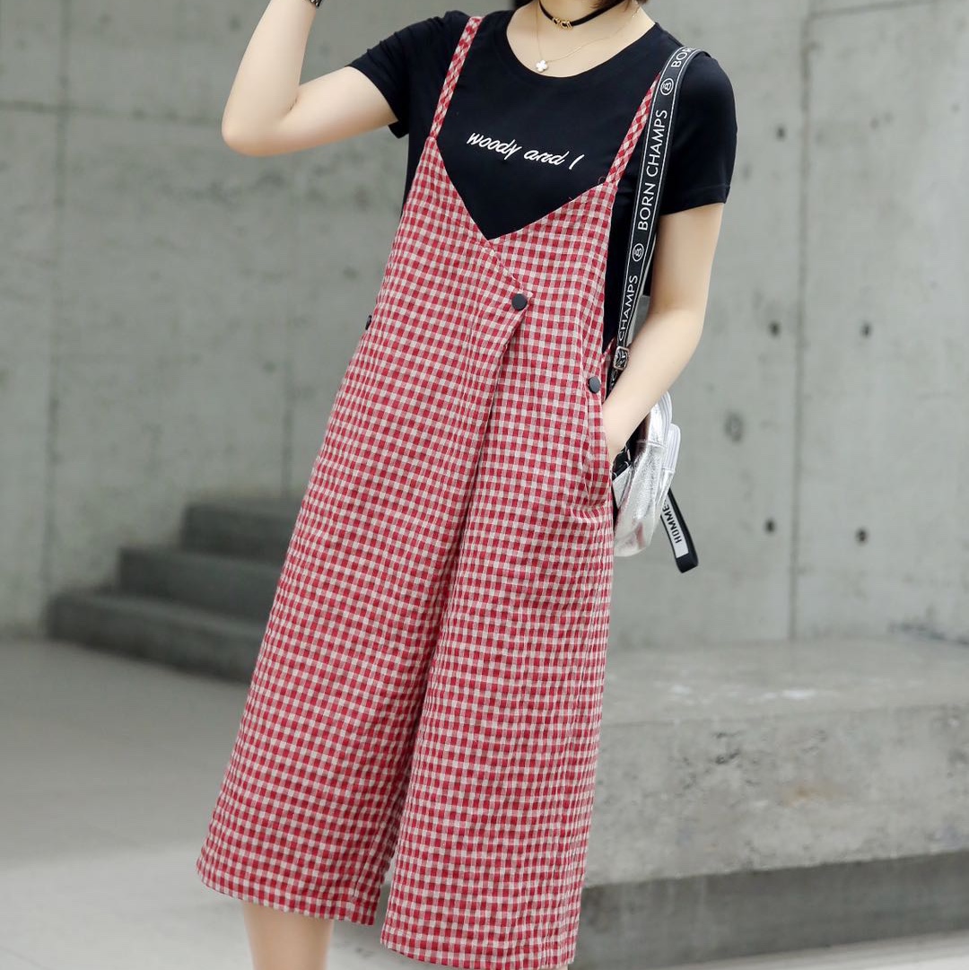 Cotton fashion set women's summer Korean version thin plaid one-piece suspenders straight leg pants popular large size slimming tide details Picture