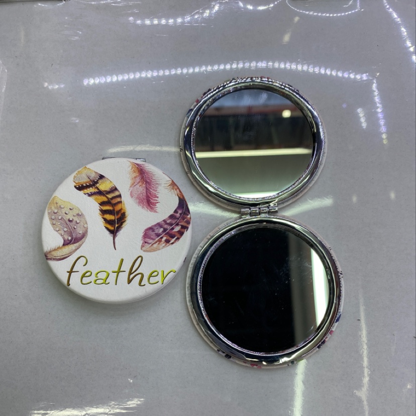 羽毛款PU电镀镜便携式化妆镜厂家直销批发