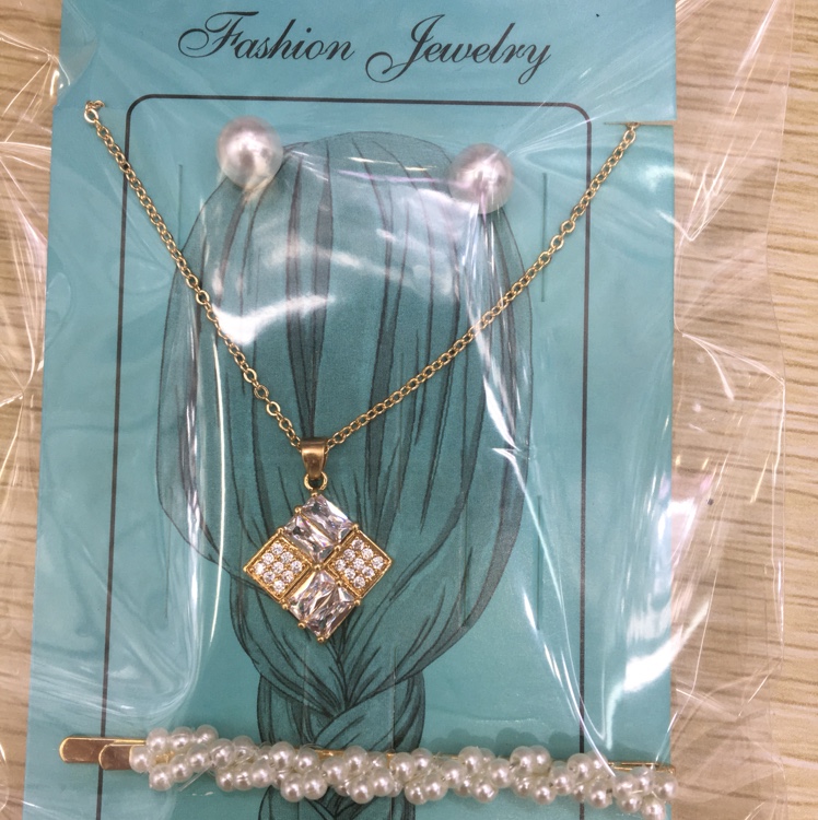 女士一字夹方型锆石珍珠耳钉套装