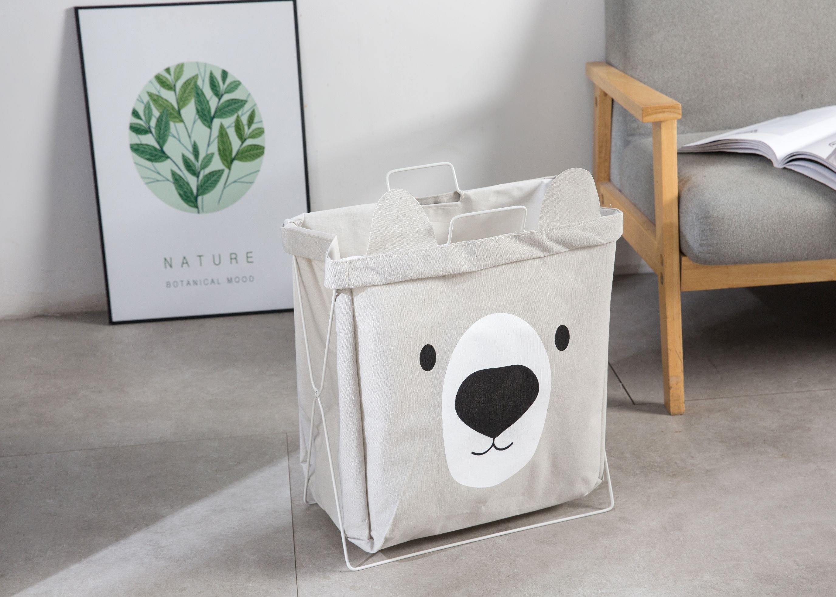 Ins Nordic Windear Bear Foldable Laundry Basket Cotton Linen Clothes Storage Iron Rack Toy Storage