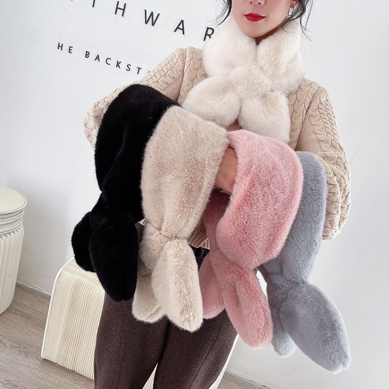 Soft Waxy Korean Chic Chic Style Thickened Solid Color Fur Bib Warm Imitation Rex Rabbit Hair Cross Scarf Wool Collar Female undefined