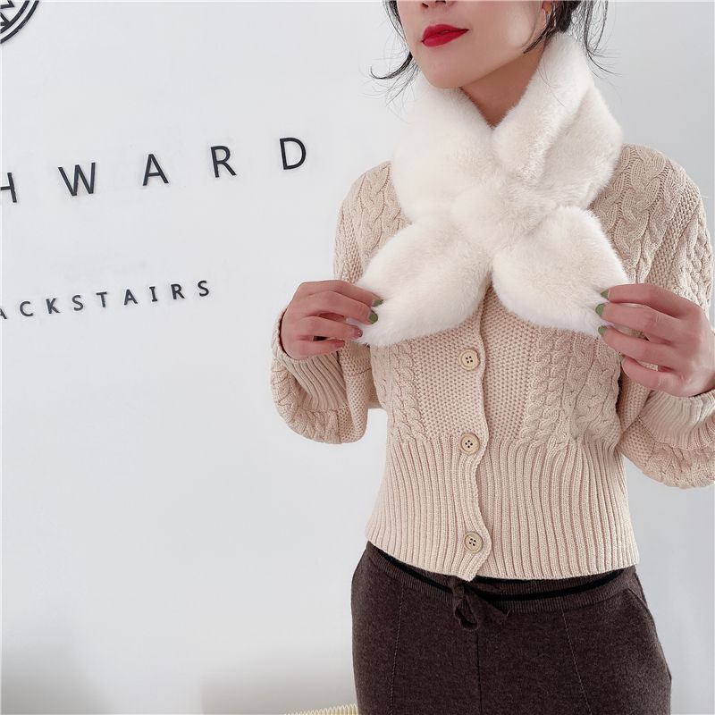 Soft Waxy Korean Chic Chic Style Thickened Solid Color Fur Bib Warm Imitation Rex Rabbit Hair Cross Scarf Wool Collar Female details Picture