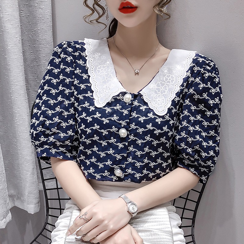 Vintage embroidery short sleeve shirt women's Summer 2020 new French style small shirt age reduction doll collar puffed sleeve top thumbnail