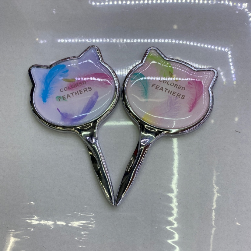 猫形羽毛款滴胶手柄镜双面小镜子便携式化妆镜厂家直销