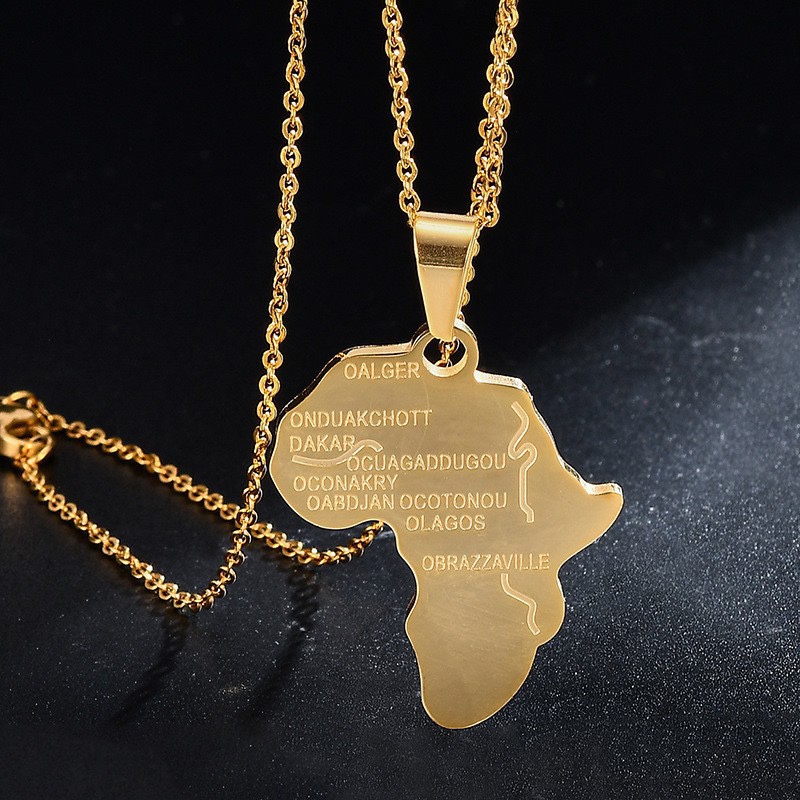 欧美外贸 不锈钢非洲地图项链吊坠 钛钢神秘文字非洲地图项链饰品细节图