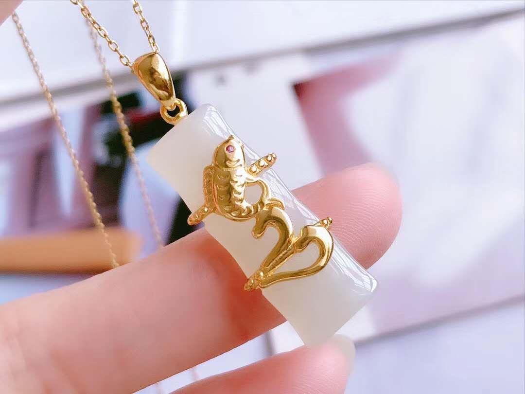 S925纯银复古金打造天然和田玉年年有余 竹节吊坠 三层镀金不掉色