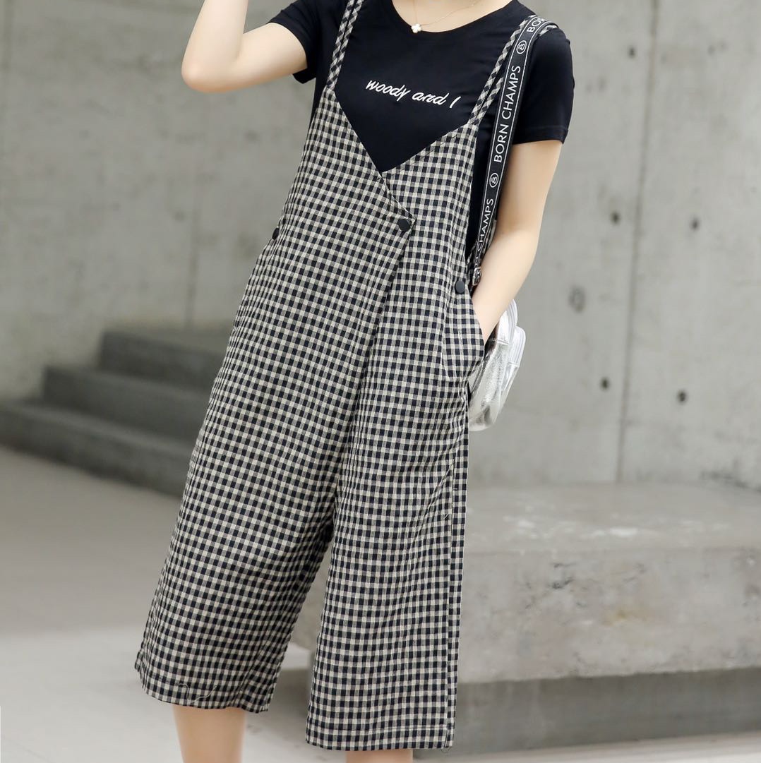 Cotton fashion set women's summer Korean version thin plaid one-piece suspenders straight leg pants popular large size slimming tide Specification drawing