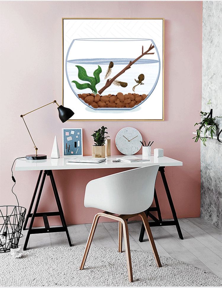 Shengshi modern and simple framed bathtub with small fish and shrimp pattern decorative paintings, Nordic restaurant entrance and bedroom wall paintings detail image 6