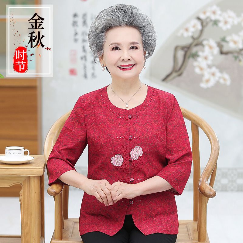 2020新品中老年人夏装女妈妈衬衫外婆圆领老人上衣服奶奶太太详情图1