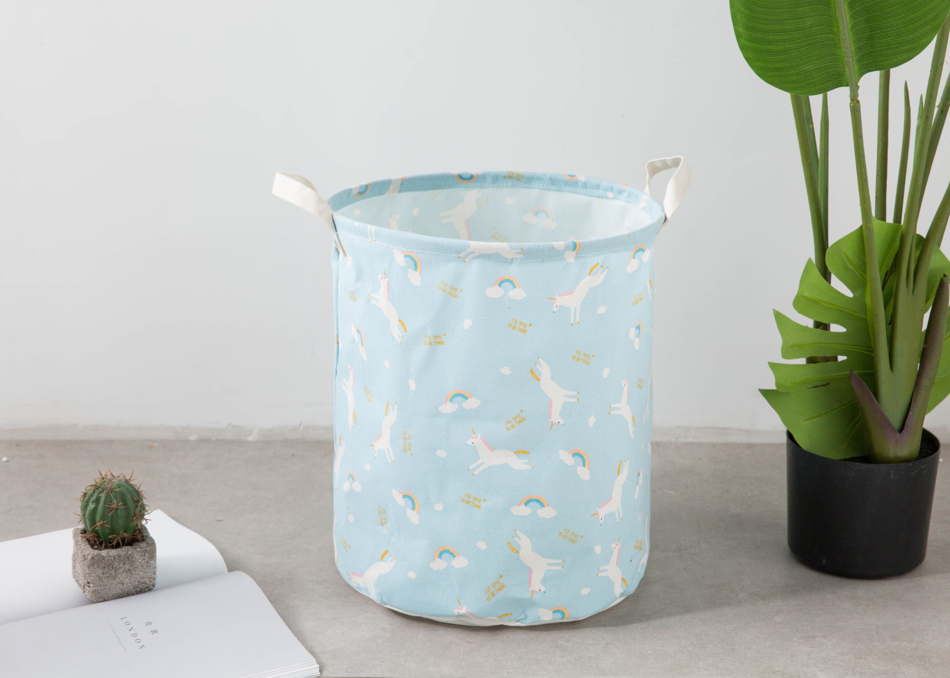 Ins Nordic Wind Unicorn Collection Clothing Storage Bucket Foldable Cotton Linen Blue
