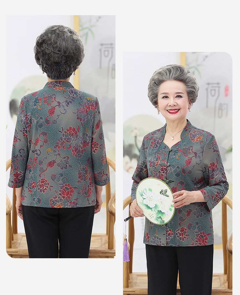 For middle-aged and elderly people, summer clothes: Two-piece set for the mother, breathable shirt for the grandmother, stand-up collar for the elderly, loose clothes for the wife, 60 detail image 8