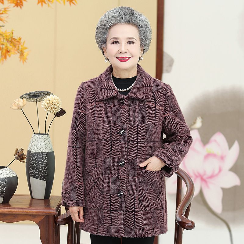 Fur and mink fur, winter clothes for middle-aged and elderly people, female mothers, checked woolen coats, long-sleeved grandmothers, spring and autumn elders, wives