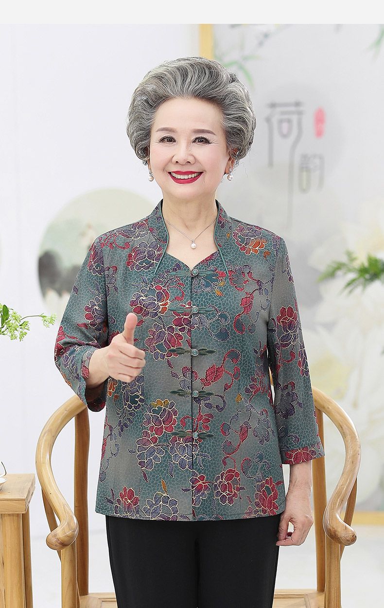 For middle-aged and elderly people, summer clothes: Two-piece set for the mother, breathable shirt for the grandmother, stand-up collar for the elderly, loose clothes for the wife, 60 detail image 9