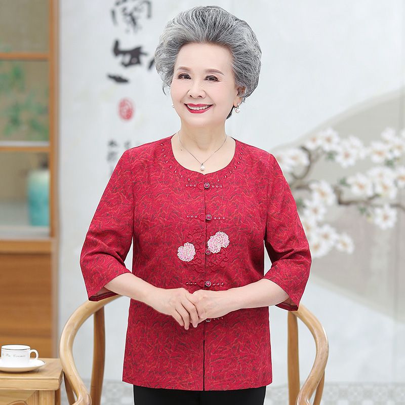 2020 new summer clothing for middle-aged and elderly people: Women's shirts, round collars for grandmothers, clothes for the elderly, simple and plain for grandmothers and wives detail image 1