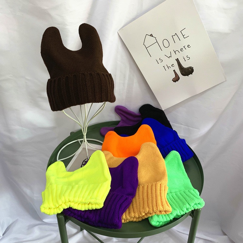 Children's Hat Korea Cute Ear Hat Light Plate Fluorescent Wool Hat Horn Knit Hat Over Warm Hat Tide