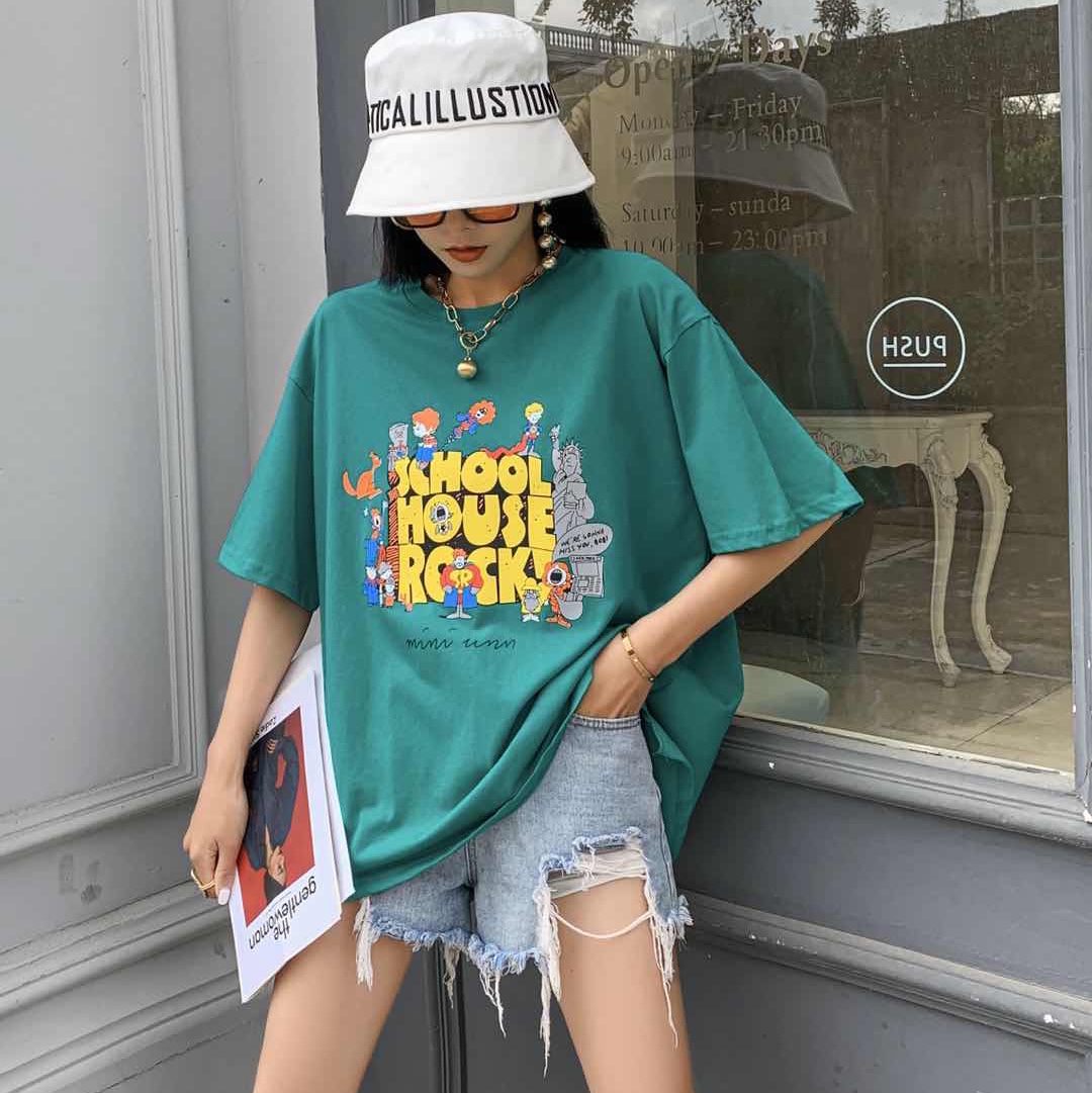 Korean cartoon printed T-shirt women loose medium long short sleeve top summer new net red T-shirt women Instagram super fire thumbnail