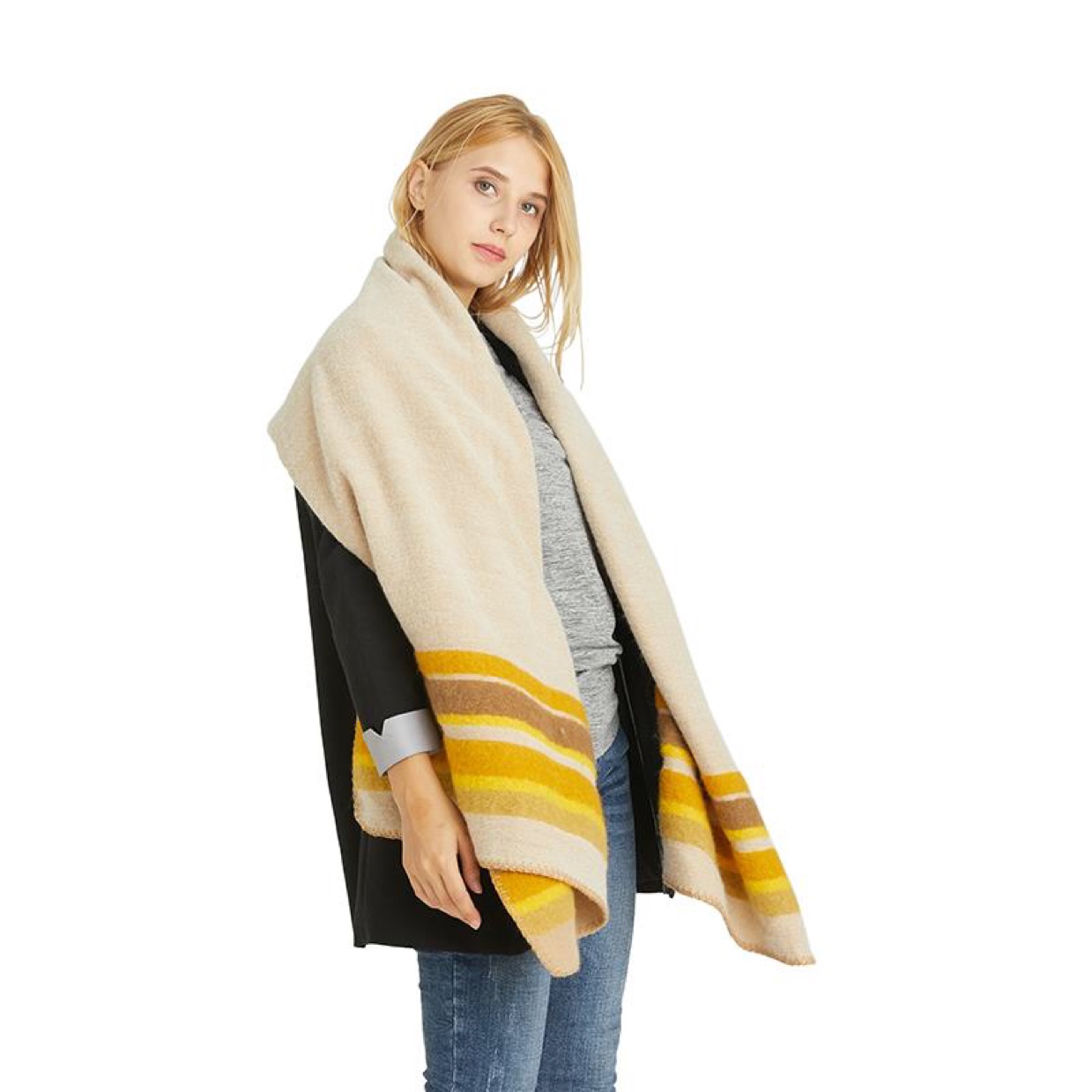 Scarf Wrapped With Triangular Pin And Trimmed With Horizontal Stripe