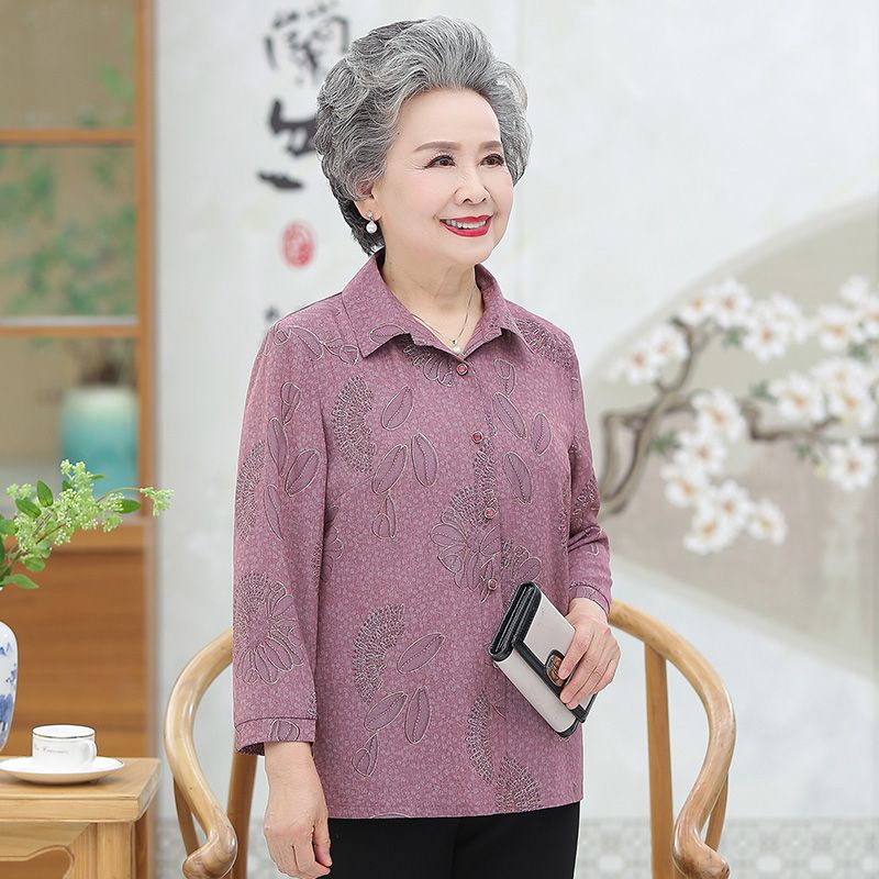 New summer shirts for middle-aged and elderly people, with lapels, long-sleeved shirts for mothers, clothes for the elderly, and thin shirts for grandmothers and grandmothers Item Picture