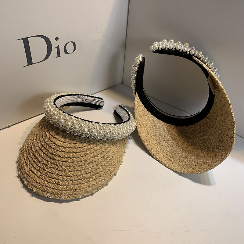 新款珍珠草帽女网红遮阳帽韩版潮沙滩度假太阳帽子无顶防晒空顶帽